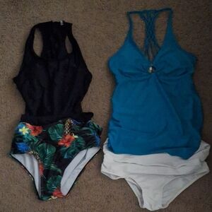 Black Floral One-Piece Swimsuit & Teal Tankini Top with White Bottoms